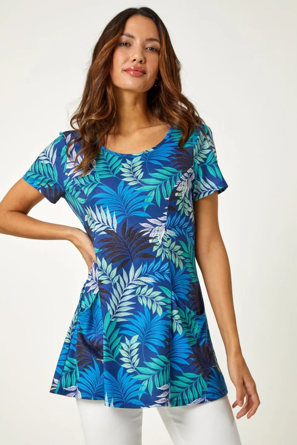 T-Shirts>Roman Blue Palm Print Pocket Stretch Tunic Top