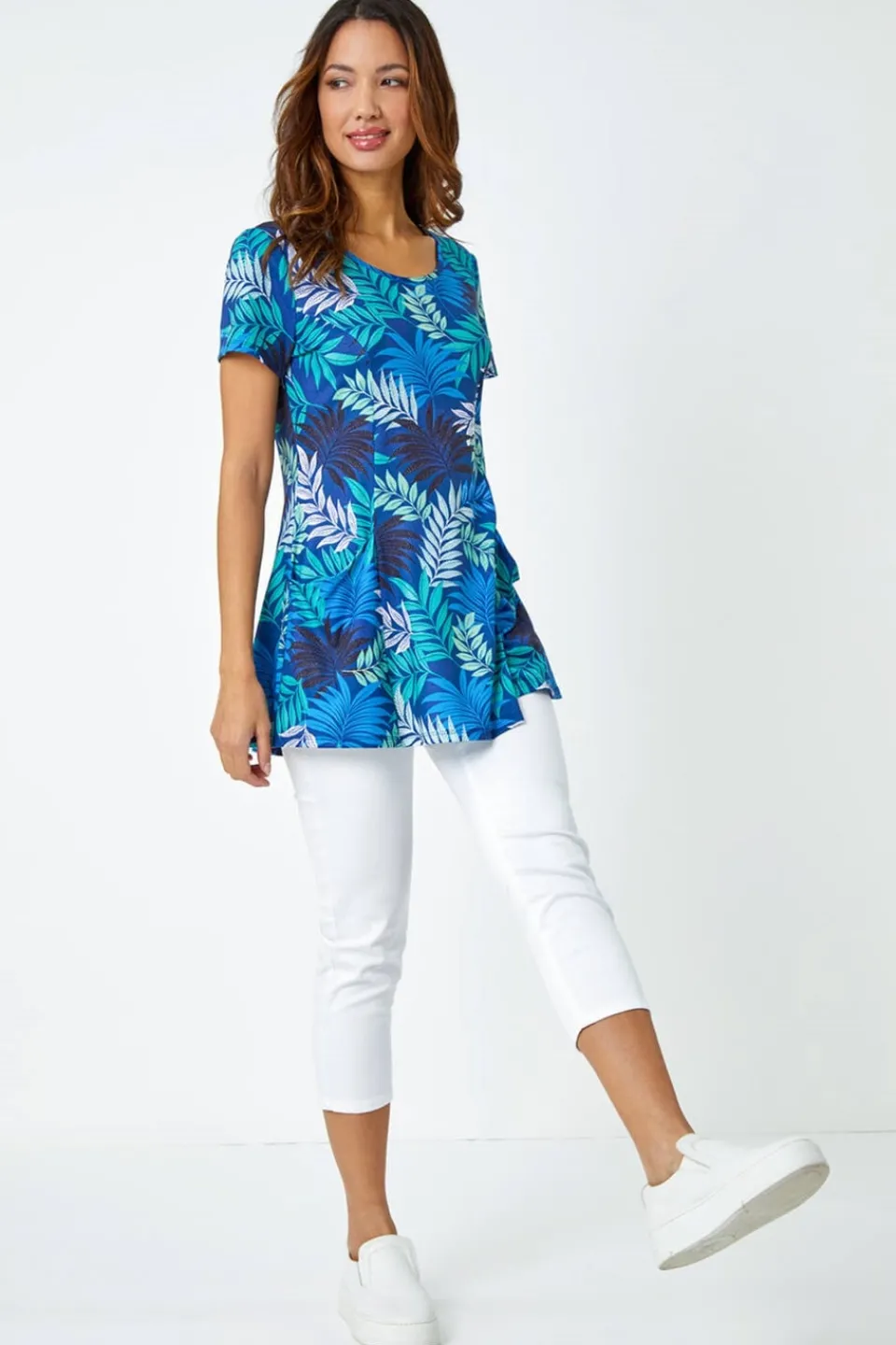 T-Shirts>Roman Blue Palm Print Pocket Stretch Tunic Top
