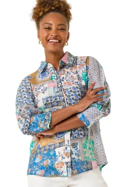Tops>Roman Blue Patchwork Printed Shirt