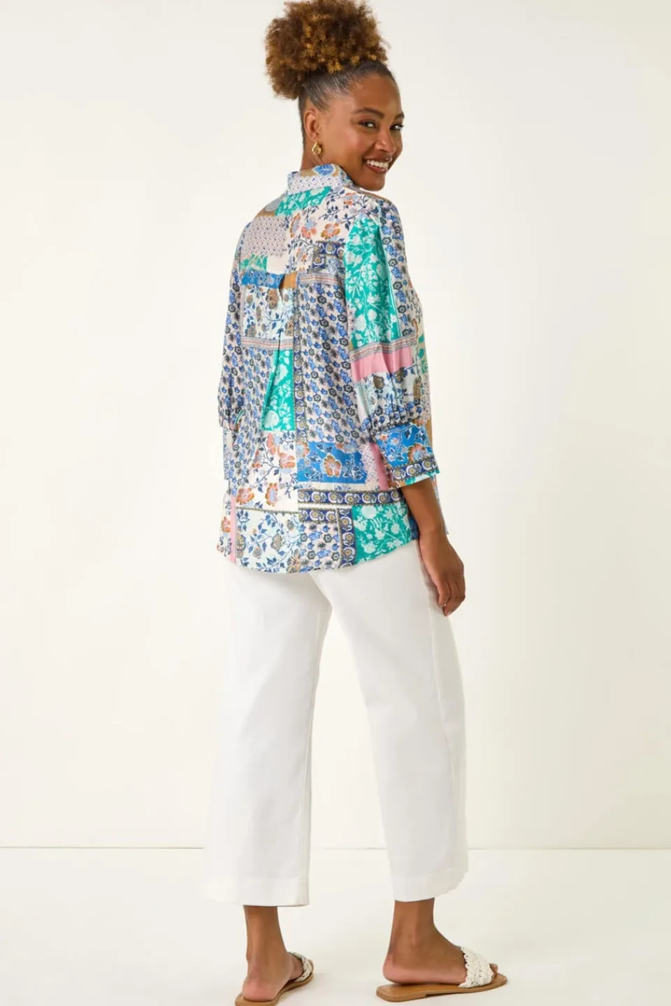 Tops>Roman Blue Patchwork Printed Shirt
