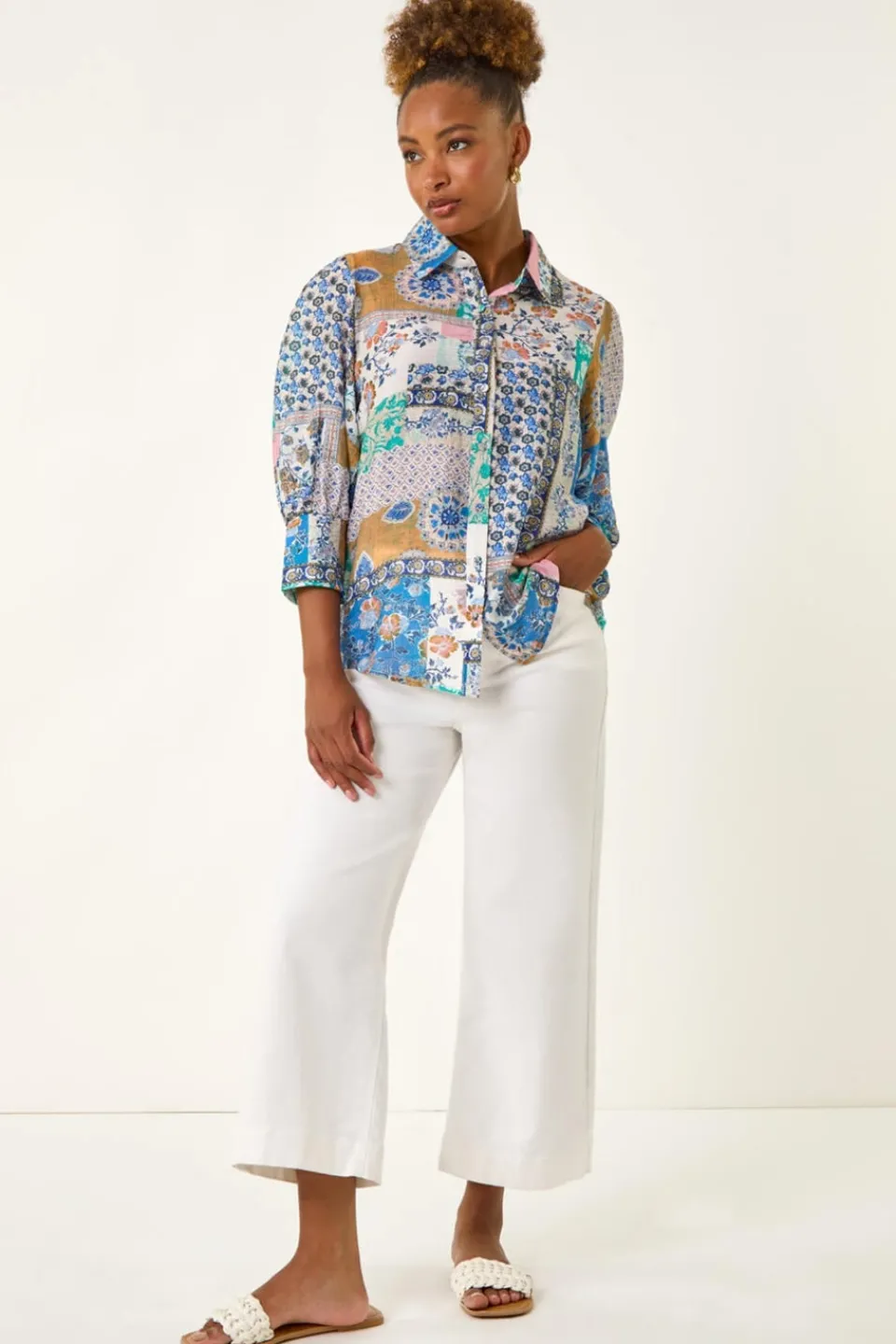 Tops>Roman Blue Patchwork Printed Shirt