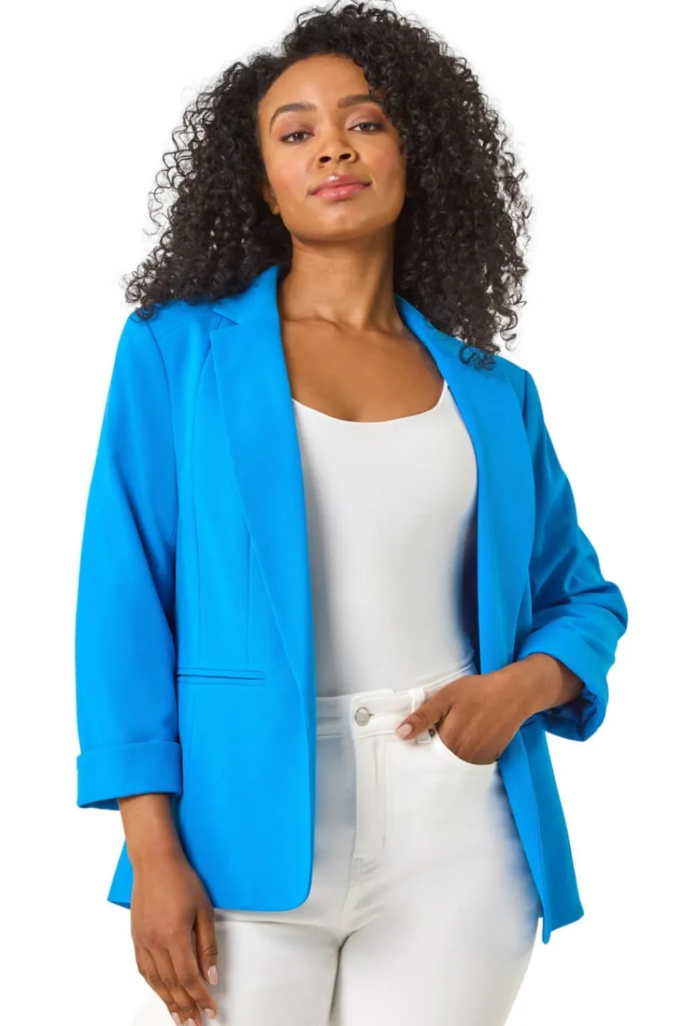 Coats & Jackets>Roman Blue Petite 3/4 Sleeve Classic Stretch Blazer