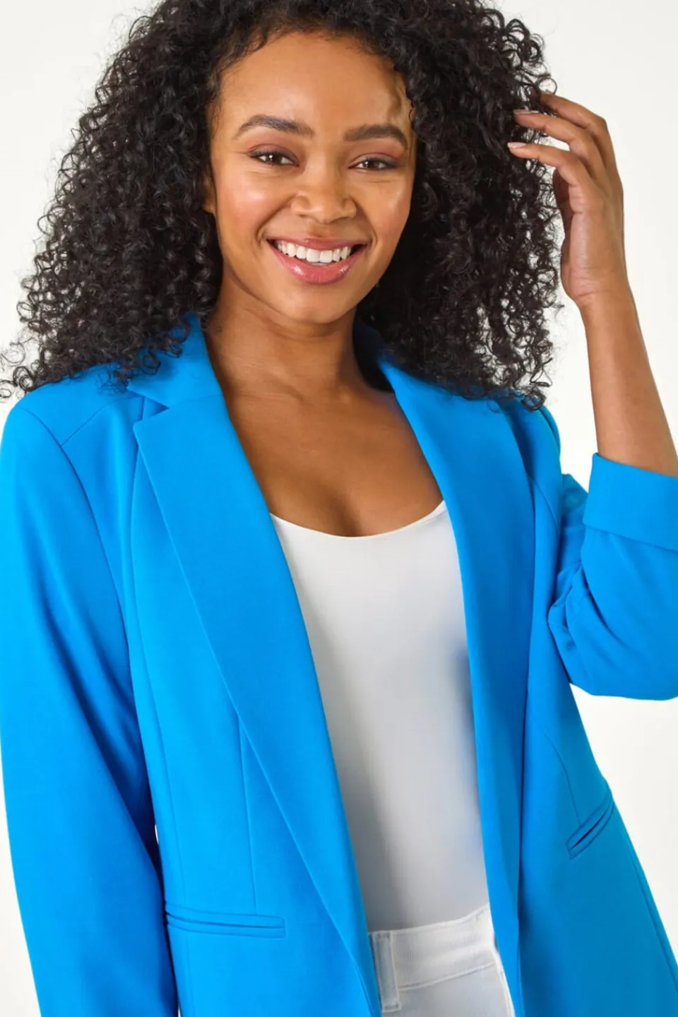 Coats & Jackets>Roman Blue Petite 3/4 Sleeve Classic Stretch Blazer