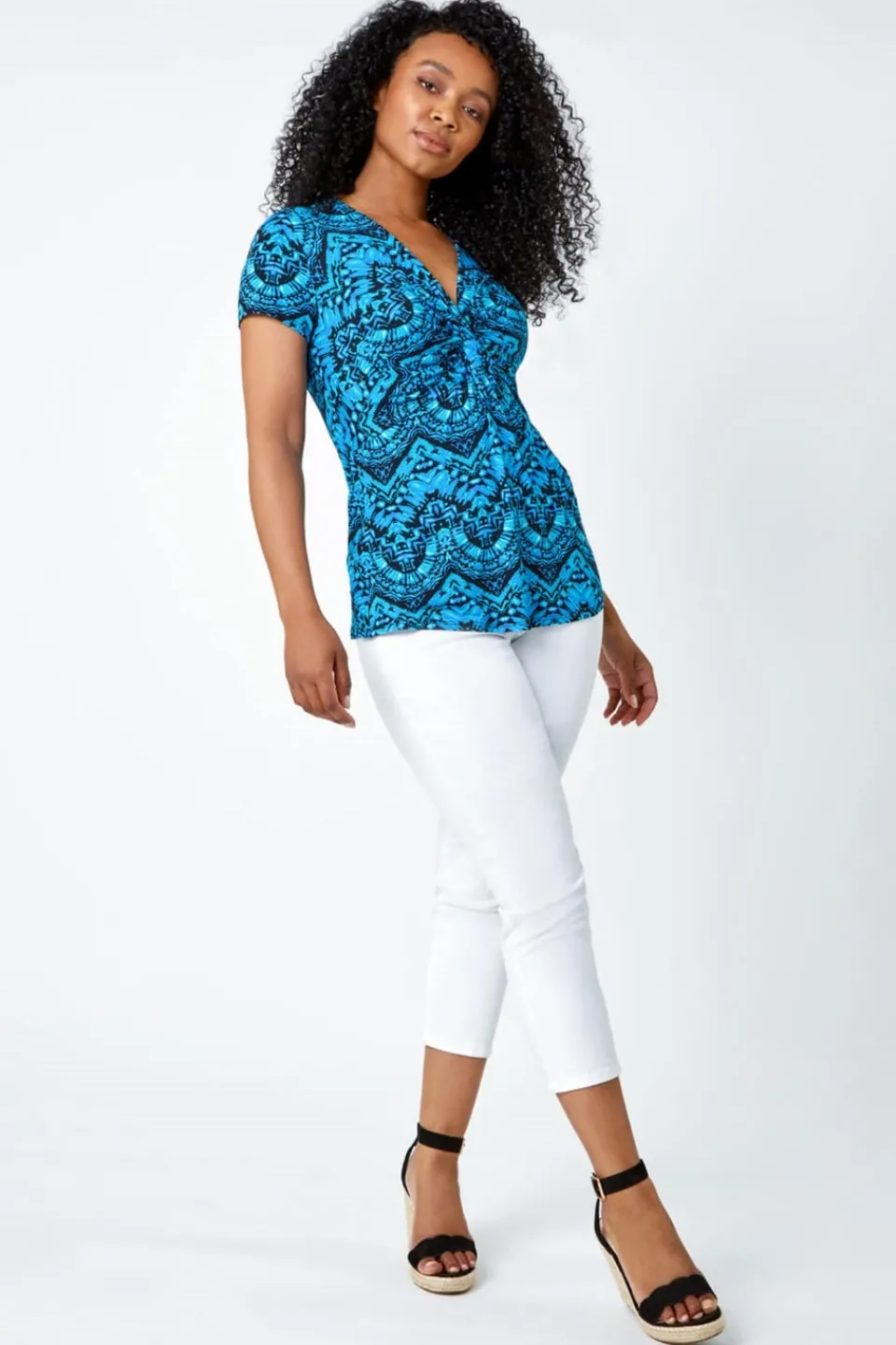 Tops>Roman Blue Petite Aztec Knot Detail V-Neck Stretch Top