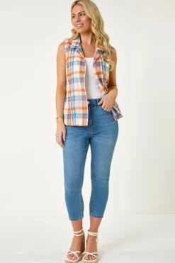 Tops>Roman Blue Petite Check Print Button Blouse