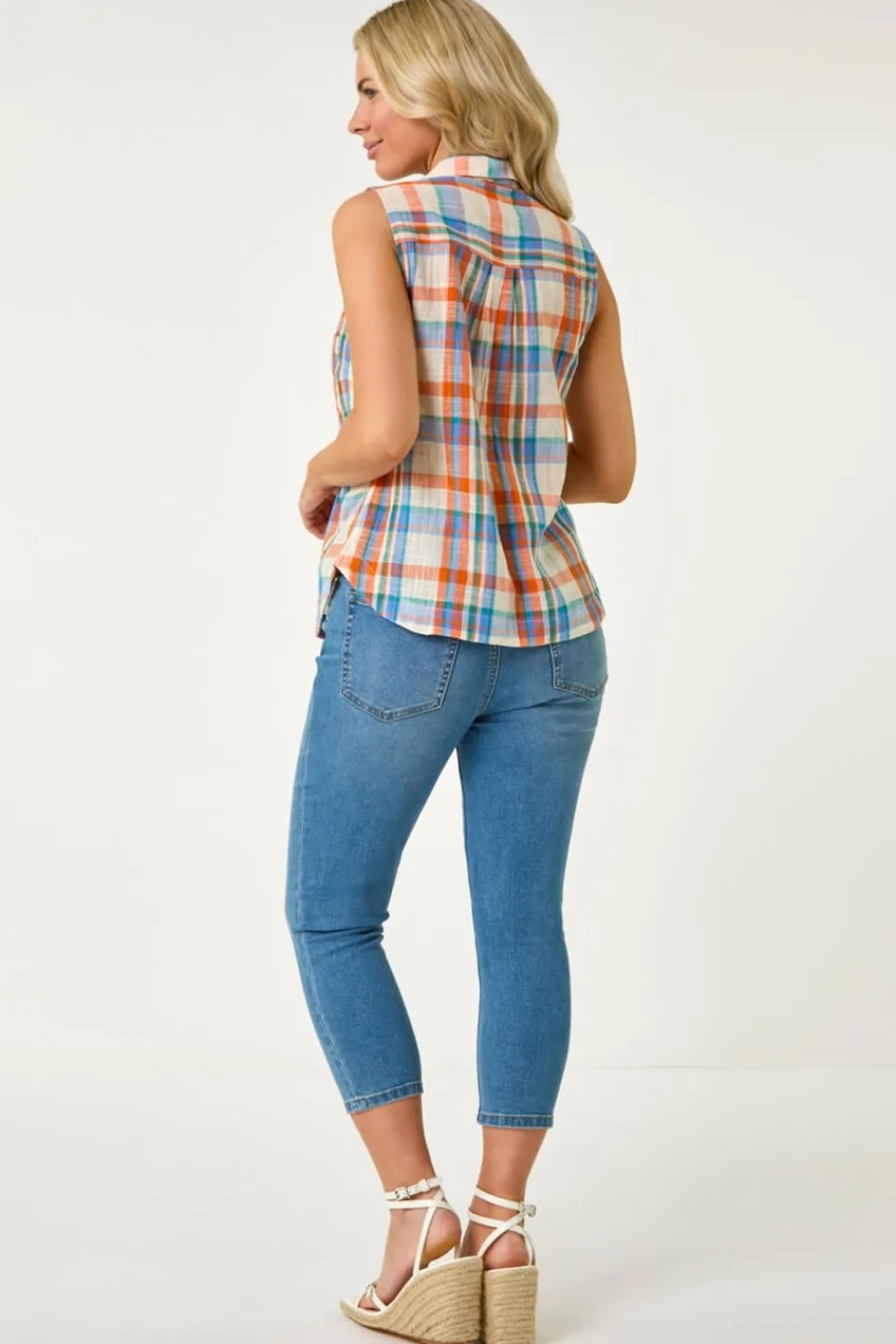 Tops>Roman Blue Petite Check Print Button Blouse