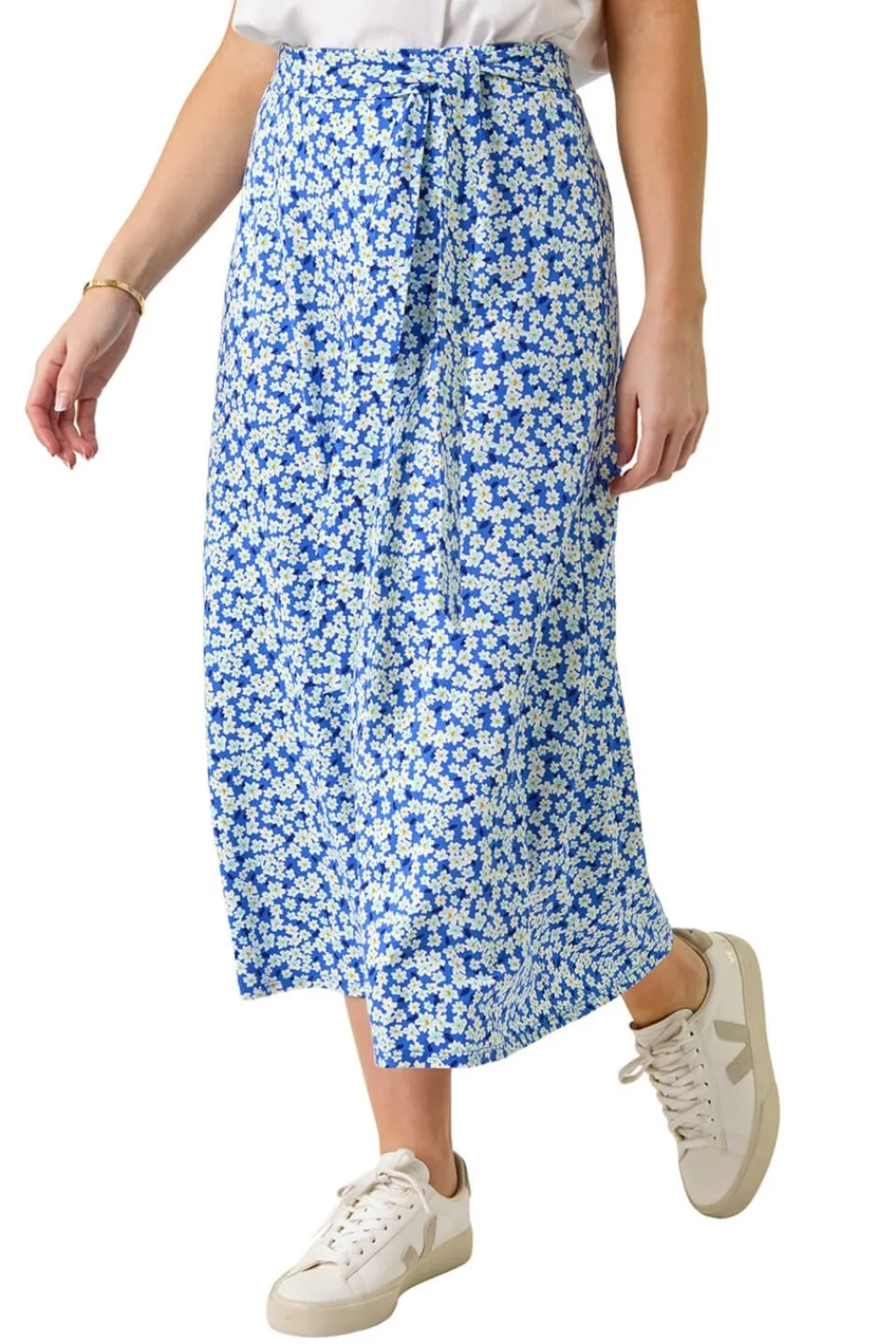 Skirts>Roman Blue Petite Ditsy Floral Tie Waist Skirt