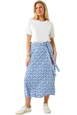 Skirts>Roman Blue Petite Ditsy Floral Tie Waist Skirt