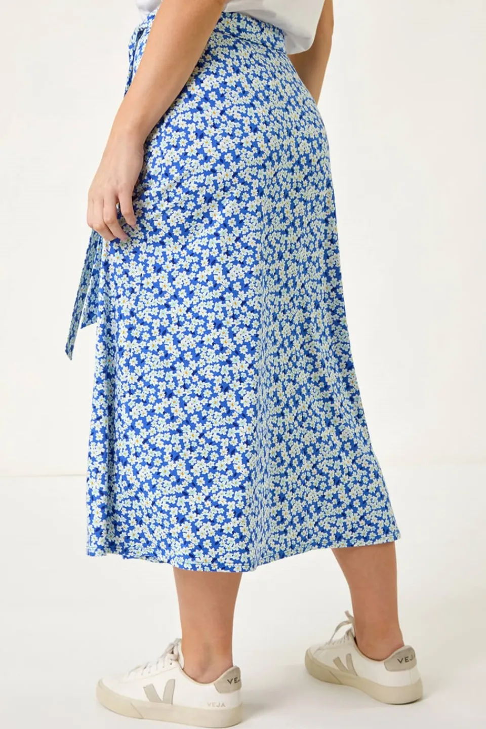 Skirts>Roman Blue Petite Ditsy Floral Tie Waist Skirt