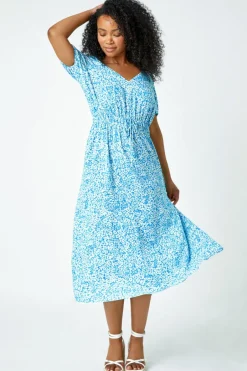 Dresses>Roman Blue Petite Ditsy Floral Stretch Midi Dress