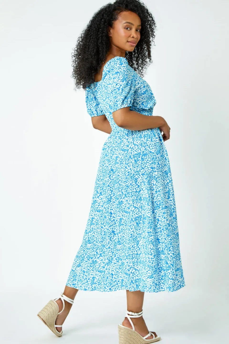 Dresses>Roman Blue Petite Ditsy Floral Stretch Midi Dress