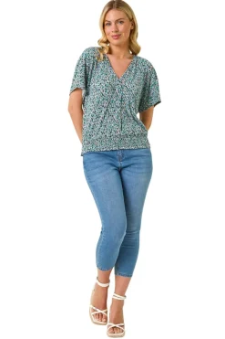 Tops>Roman Blue Petite Ditsy Print Crinkle Blouson Top