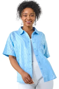 Tops>Roman Blue Petite Jacquard One Pocket Shirt