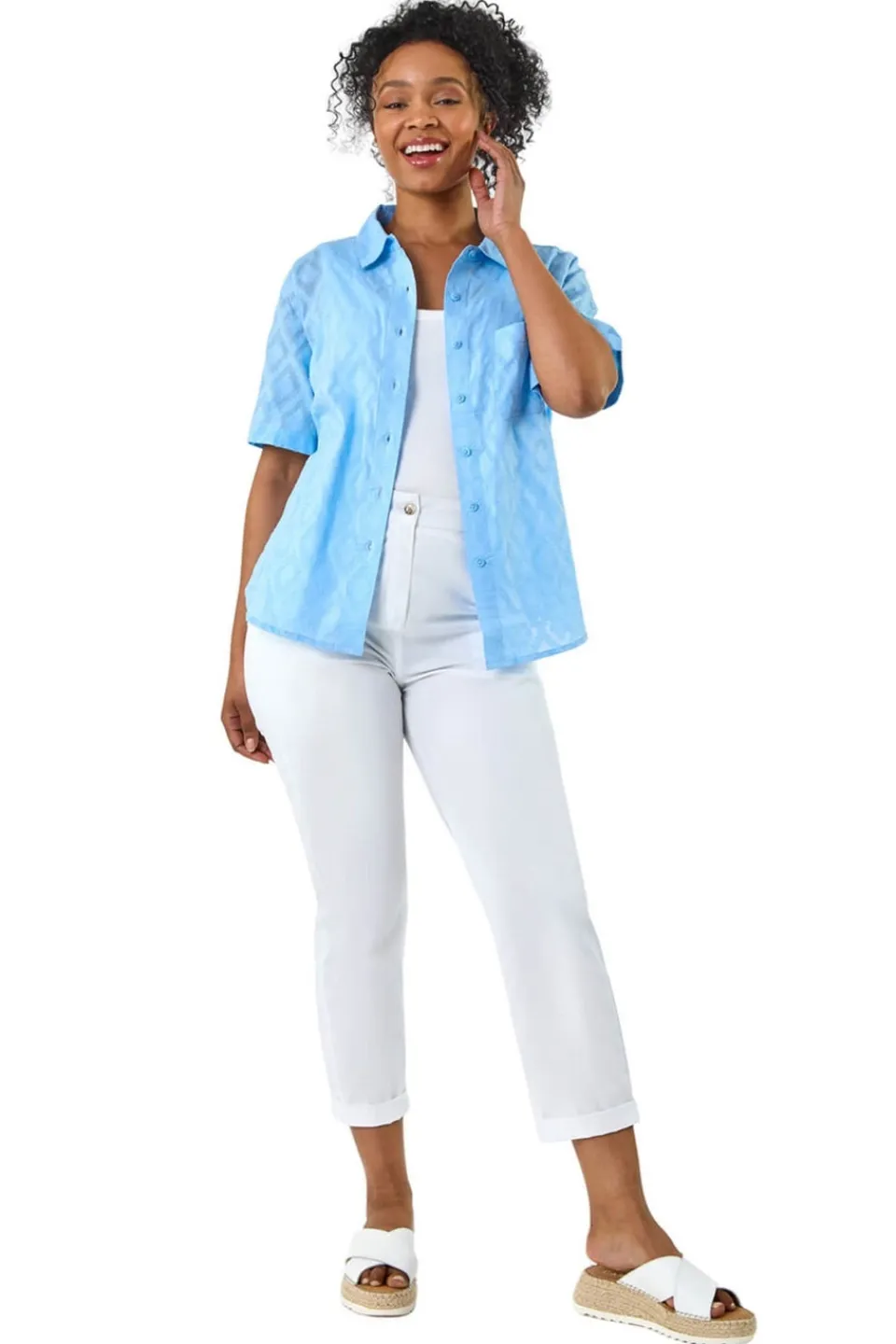 Tops>Roman Blue Petite Jacquard One Pocket Shirt