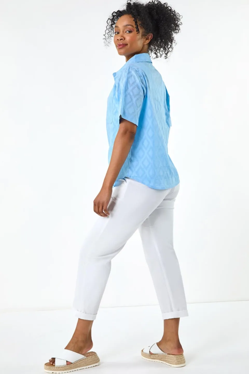Tops>Roman Blue Petite Jacquard One Pocket Shirt