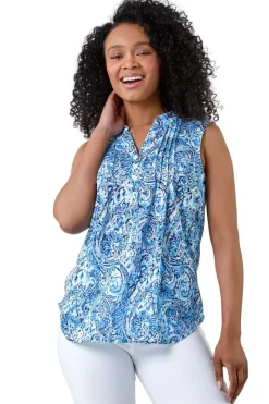 Tops>Roman Blue Petite Paisley Pleat Front Button Top