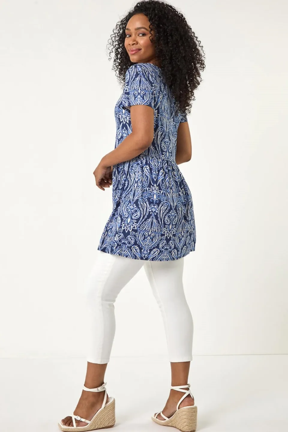 Tops>Roman Blue Petite Paisley Mono V-Neck Tunic
