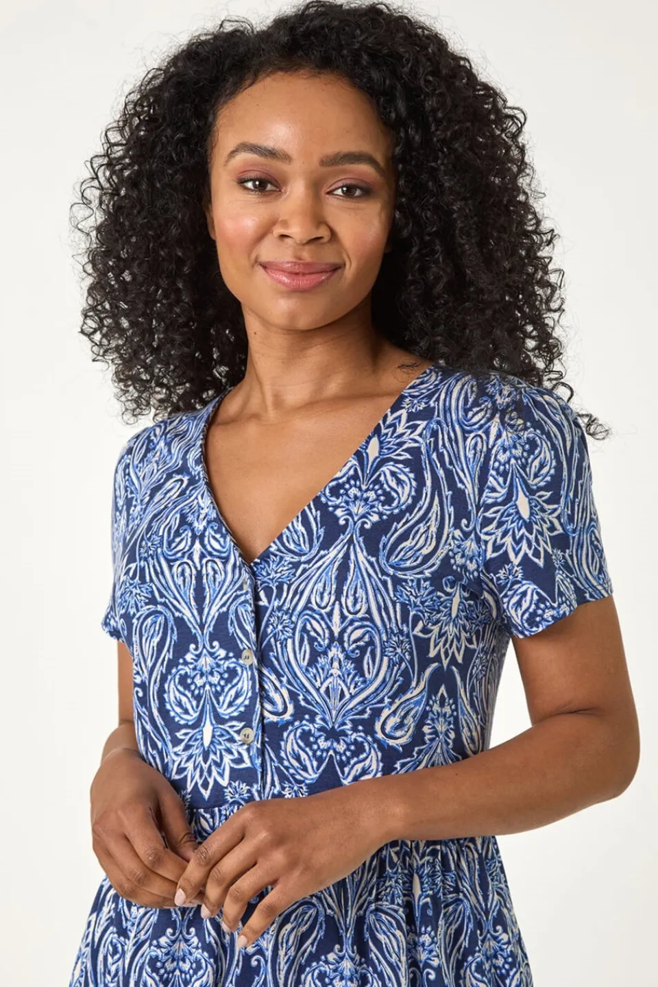 Tops>Roman Blue Petite Paisley Mono V-Neck Tunic