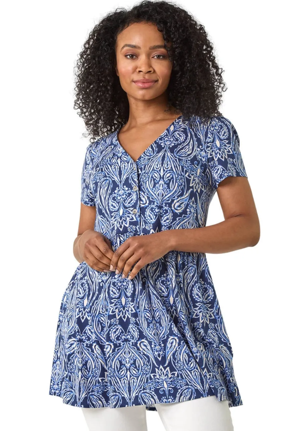 Tops>Roman Blue Petite Paisley Mono V-Neck Tunic