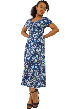 Dresses>Roman Blue Petite Stretch Floral Ruched Front Dress