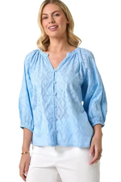 Tops>Roman Blue Petite Textured  V-Neck Cotton Blouse