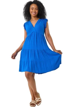 Dresses>Roman Blue Petite V-Neck Frill Short Dress