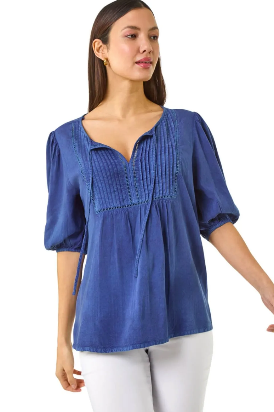 Tops>Roman Blue Pleated Tie Neck Top