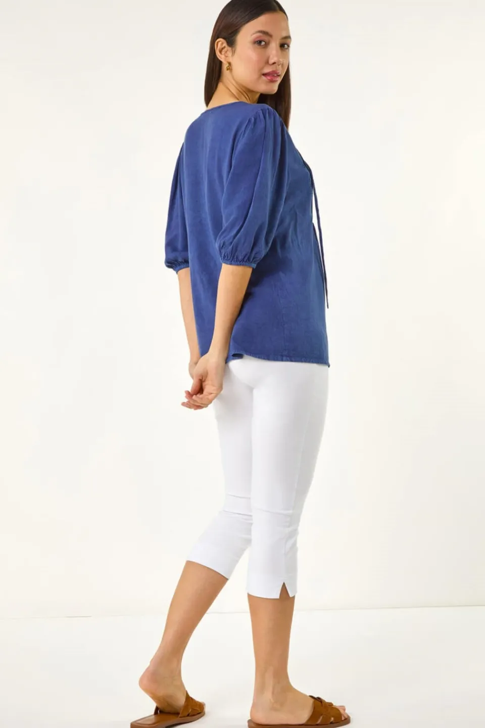 Tops>Roman Blue Pleated Tie Neck Top