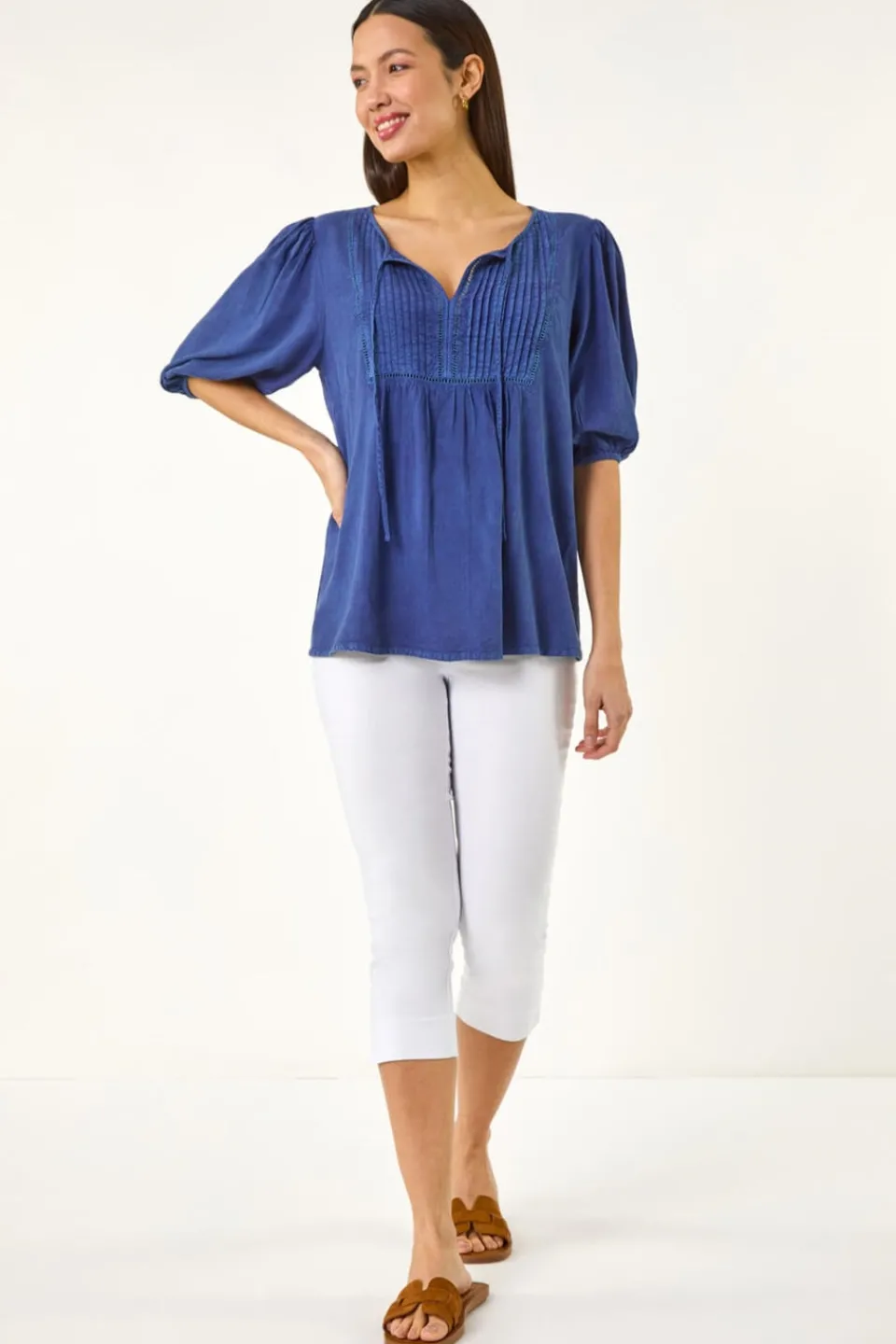 Tops>Roman Blue Pleated Tie Neck Top