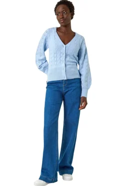 Tops>Roman Pointelle Detail Knit Cardigan Blue