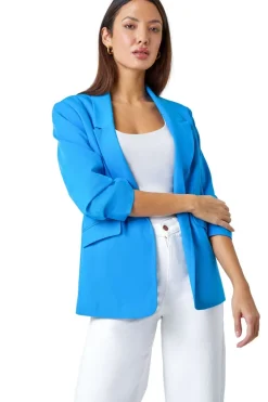 Coats & Jackets>Roman Ruched 3/4 Sleeve  Stretch Blazer Blue