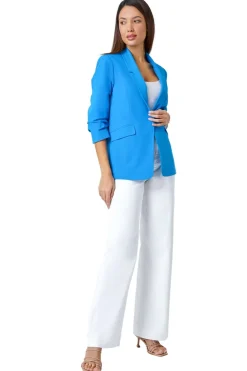Coats & Jackets>Roman Ruched 3/4 Sleeve  Stretch Blazer Blue