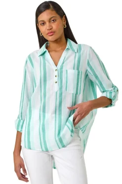 Tops>Roman Blue Stripe Collar V Neck Shirt