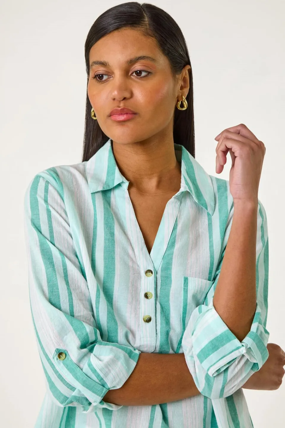 Tops>Roman Blue Stripe Collar V Neck Shirt