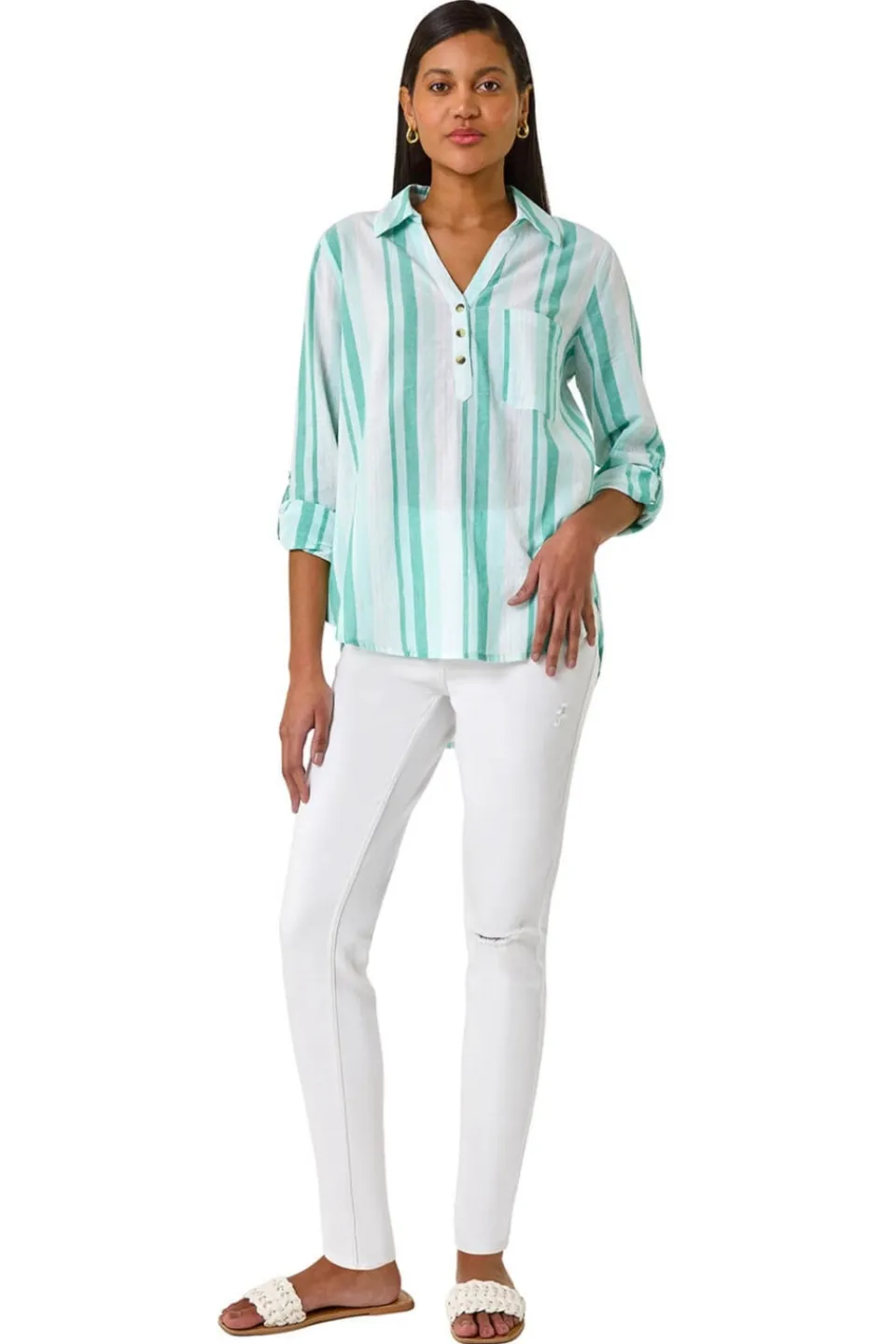 Tops>Roman Blue Stripe Collar V Neck Shirt