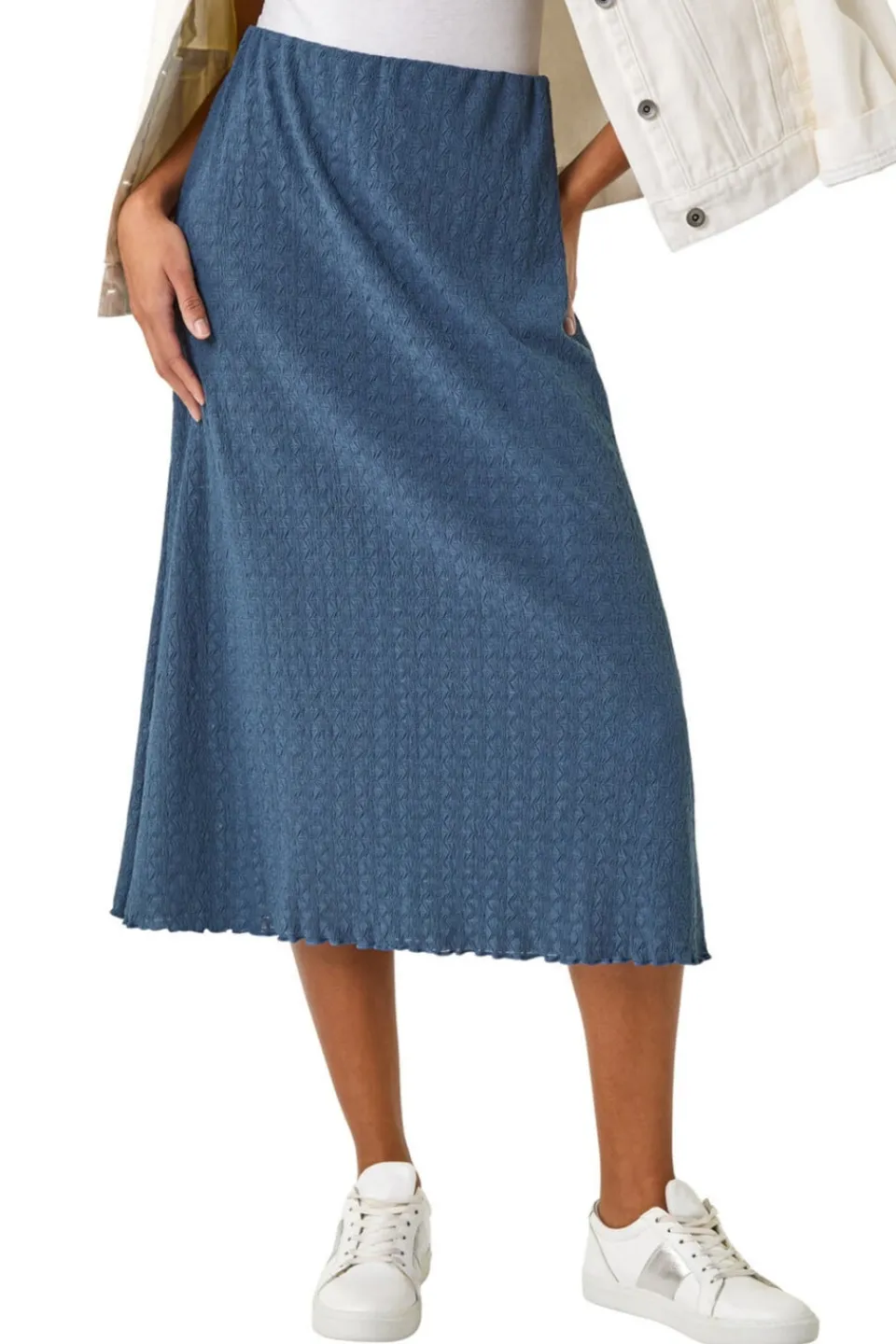 Skirts>Roman Blue Textured Fluted Hem Midi Skirt