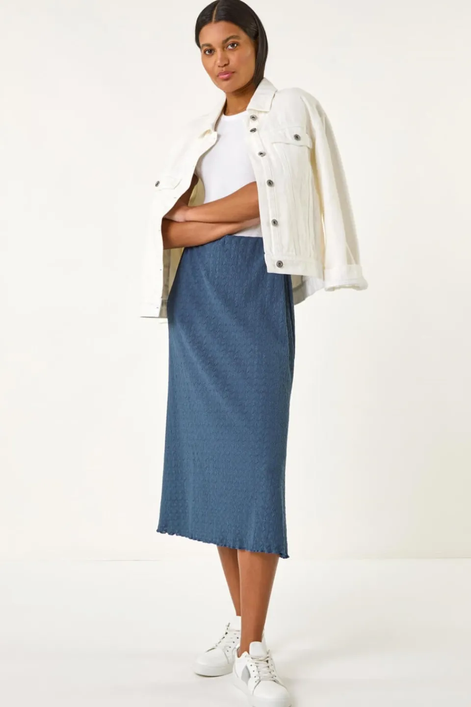 Skirts>Roman Blue Textured Fluted Hem Midi Skirt