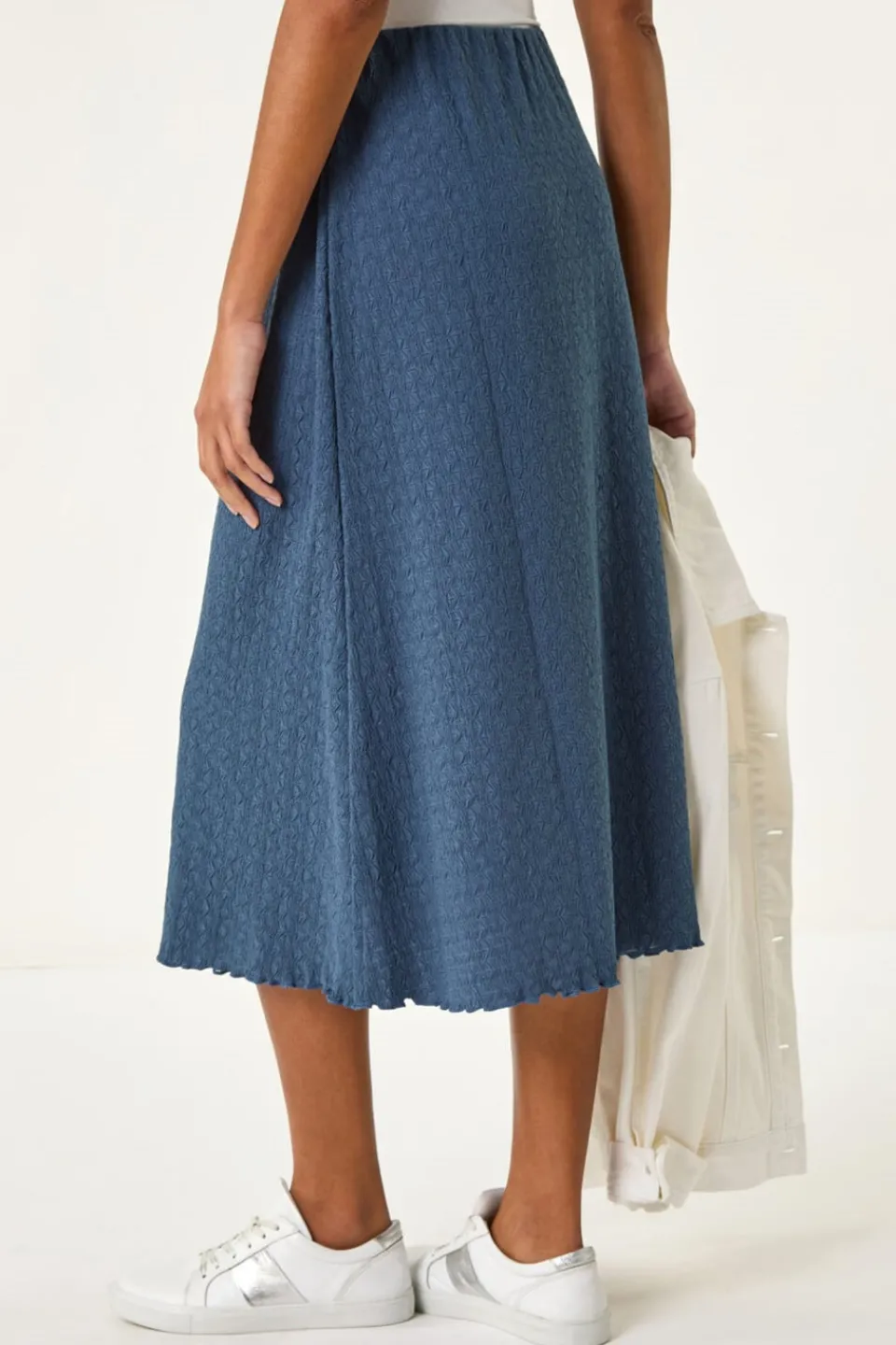 Skirts>Roman Blue Textured Fluted Hem Midi Skirt