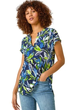 T-Shirts>Roman Blue Textured Leaf Print V-Neck Stretch Top