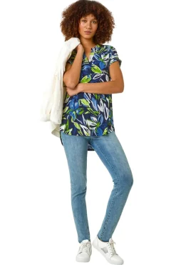 T-Shirts>Roman Blue Textured Leaf Print V-Neck Stretch Top