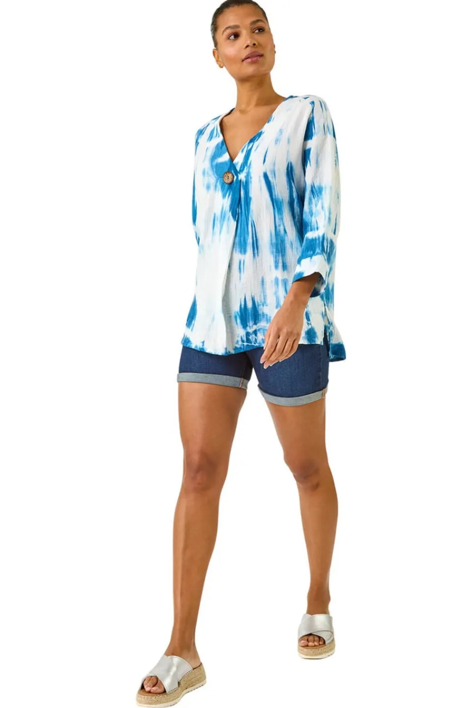 Tops>Roman Blue Tie Dye Print V Neck Tunic Top