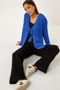 Tops>Roman Blue Tie Front Knit Cardigan