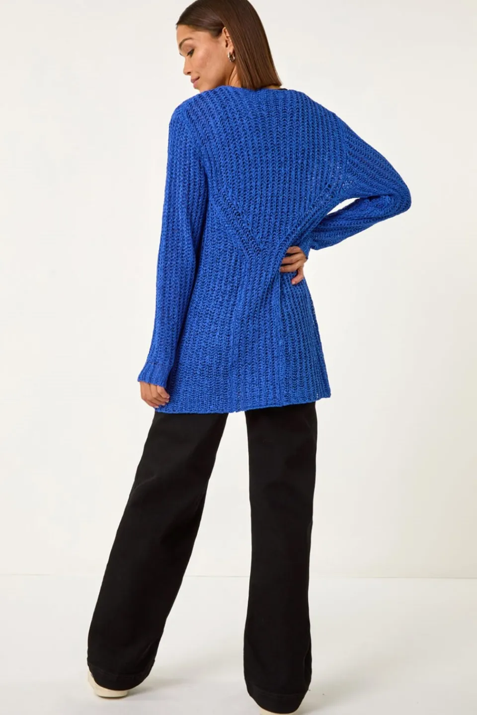 Tops>Roman Blue Tie Front Knit Cardigan