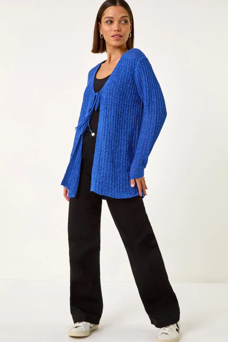 Tops>Roman Blue Tie Front Knit Cardigan