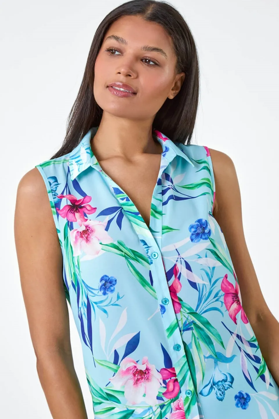 Blouses & Shirts>Roman Blue Tropical Floral Sleeveless Button Blouse