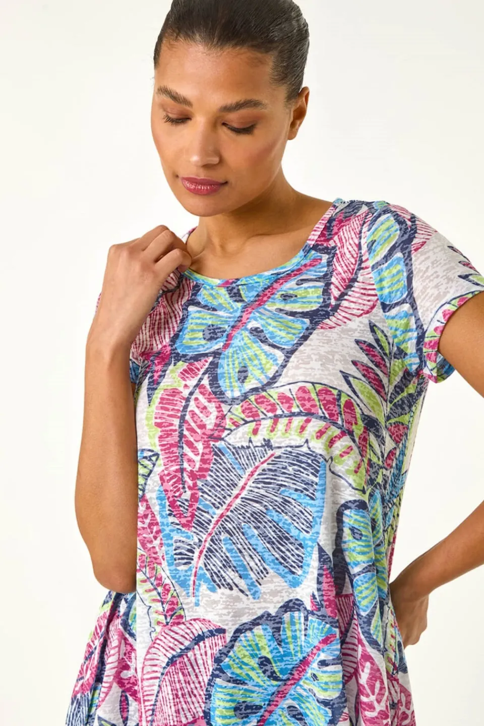 T-Shirts>Roman Blue Tropical Leaf Print Burnout Top