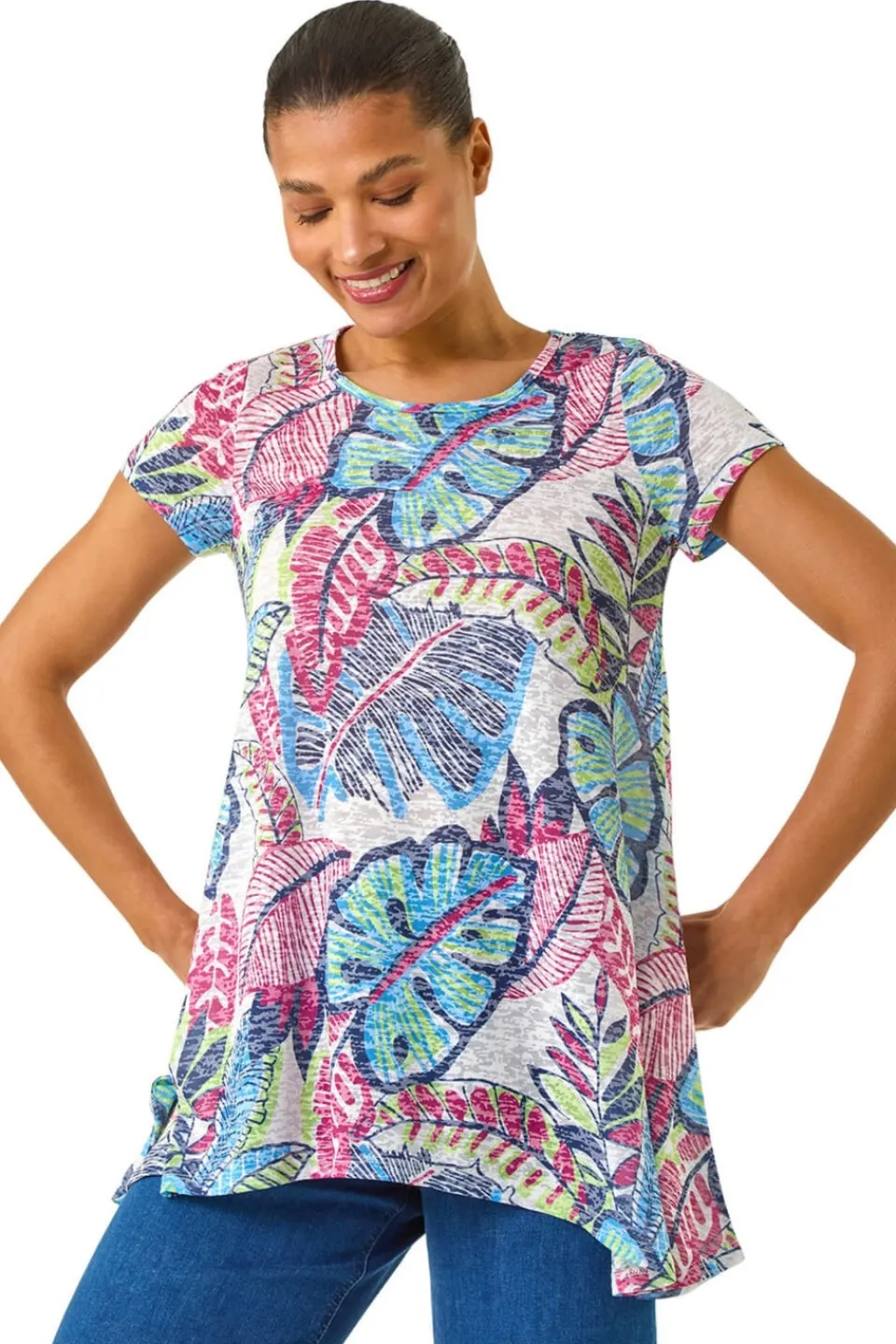 T-Shirts>Roman Blue Tropical Leaf Print Burnout Top