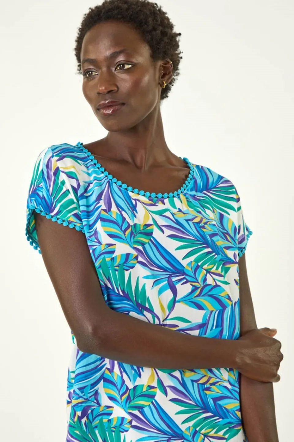 T-Shirts>Roman Blue Tropical Leaf Bobble Trim Top
