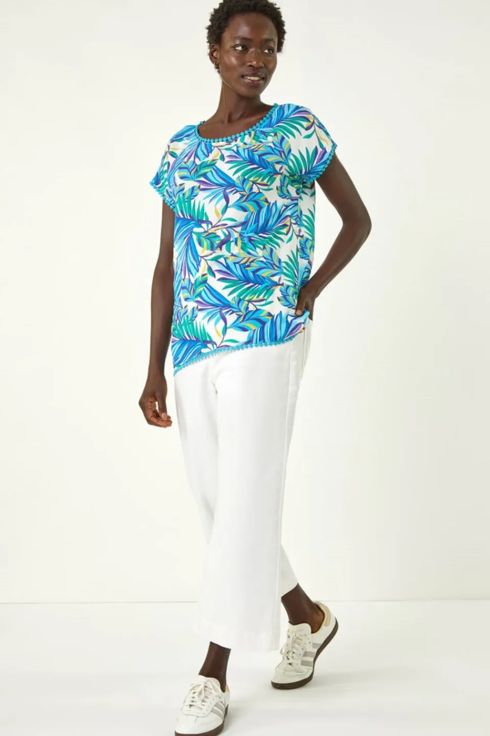 T-Shirts>Roman Blue Tropical Leaf Bobble Trim Top