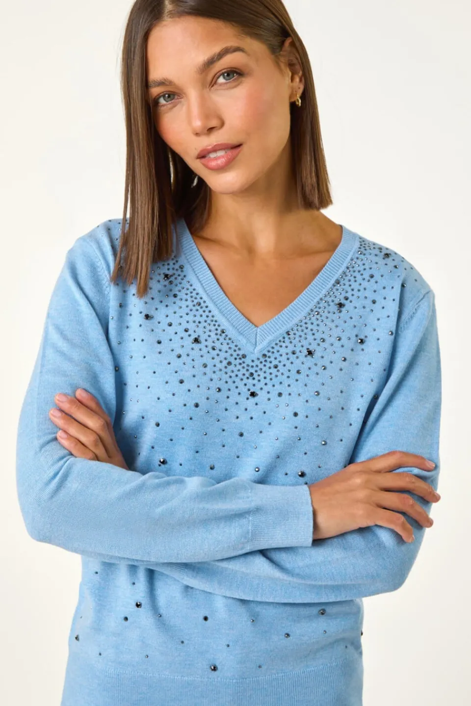 Tops>Roman Blue V-Neck Sparkle Hotfix Knit Jumper